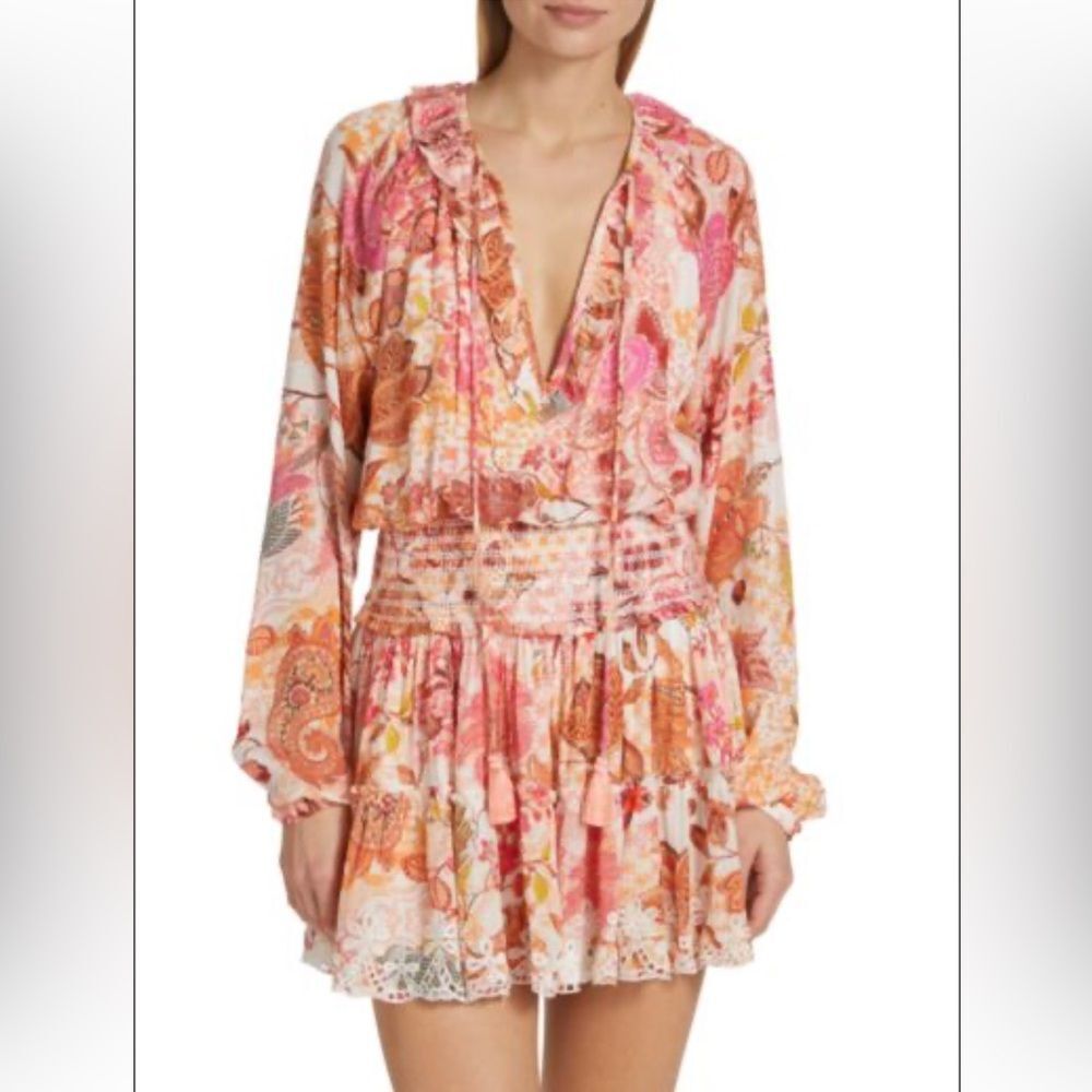 HEMANT & NANDITA Amal Floral Print Minidress Ruffle Hem Pink Orange Medium